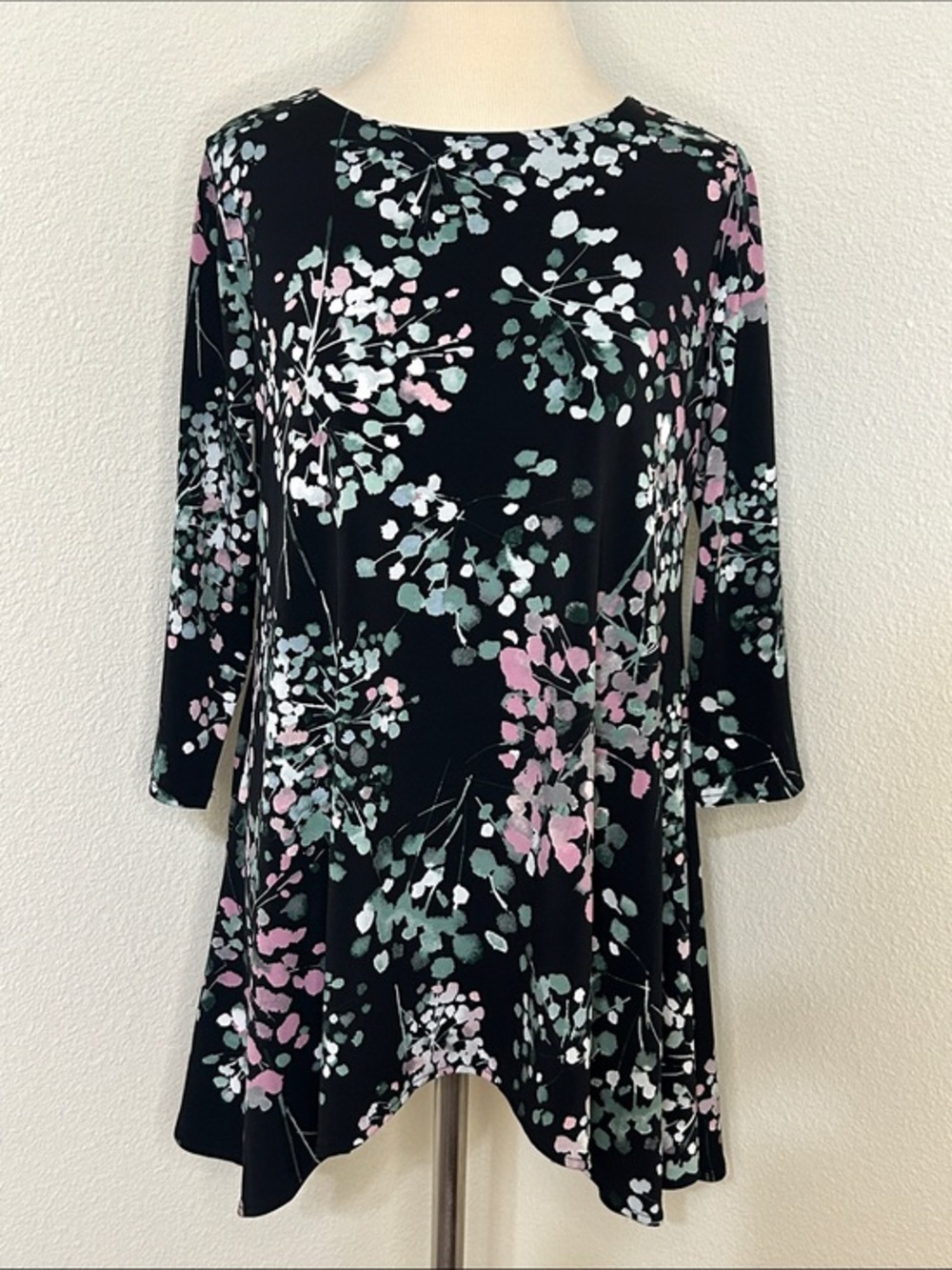 Whimsical Alfani Black Floral Swing Dress Top with Pink & Green Accents S Small